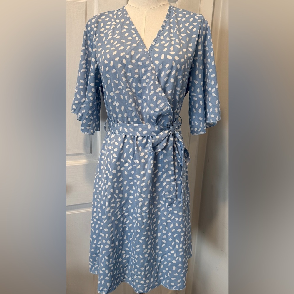 Blue & White Overlap Front Dress – Size M